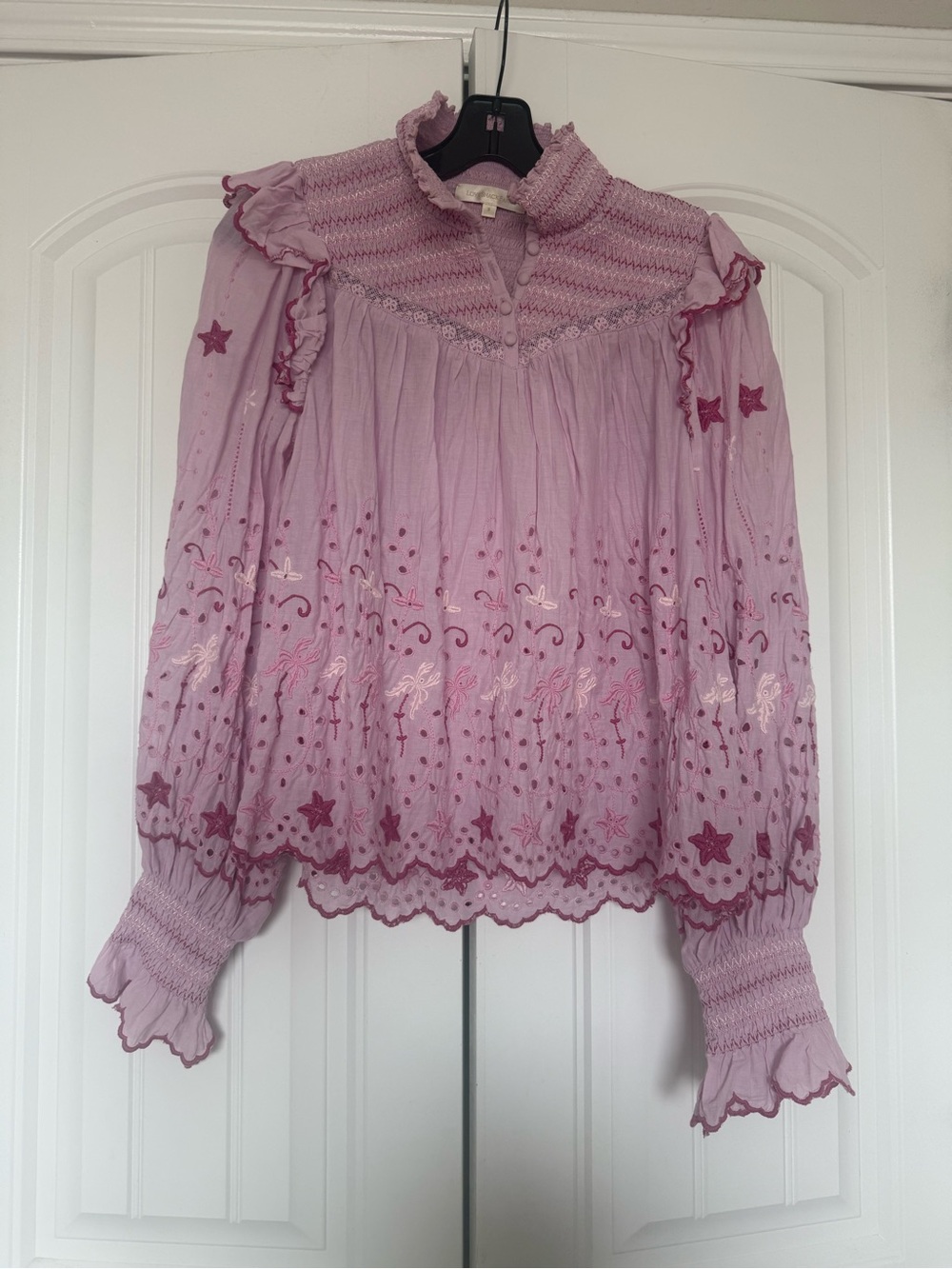 LoveShackFancy Lavender Pink Embroidered Ruffle Blouse